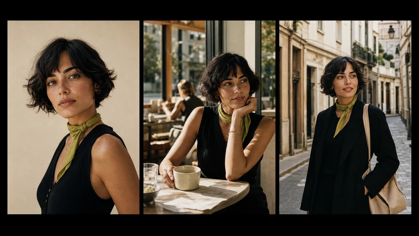 The same fictional AI influencer photographed across a coordinated campaign