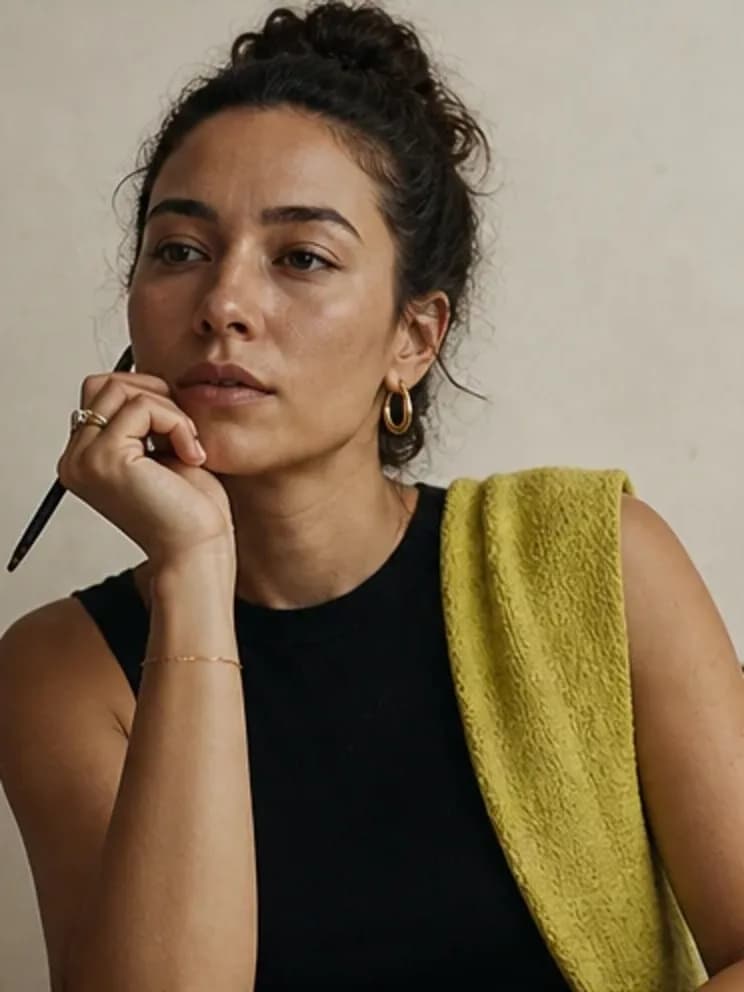 A close studio portrait with a plain backdrop