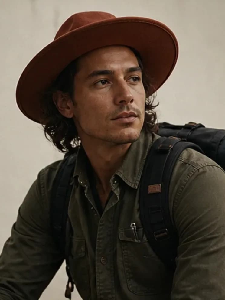 An outdoor portrait with a hat and travel pack